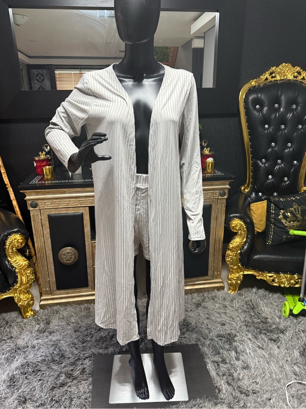 Light Gray Striped Women's Lounge Robe and Shorts Set